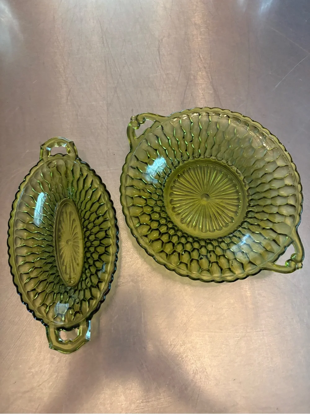 Vtg Indiana Glass Company serving dishes with a distinctive honeycomb texture.